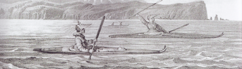Unalashka Natives with their Canoes, 1827