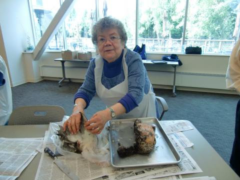 Mary Bourdukofsky, plucking ducks at 2010 camp.JPG
